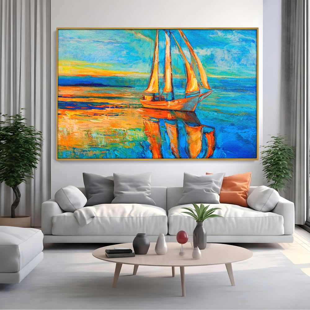 Tablou canvas cu tablou canvas cu barca cu panze pe marea portocalie, in rama de aluminiu auriu, pe perete intr-un living